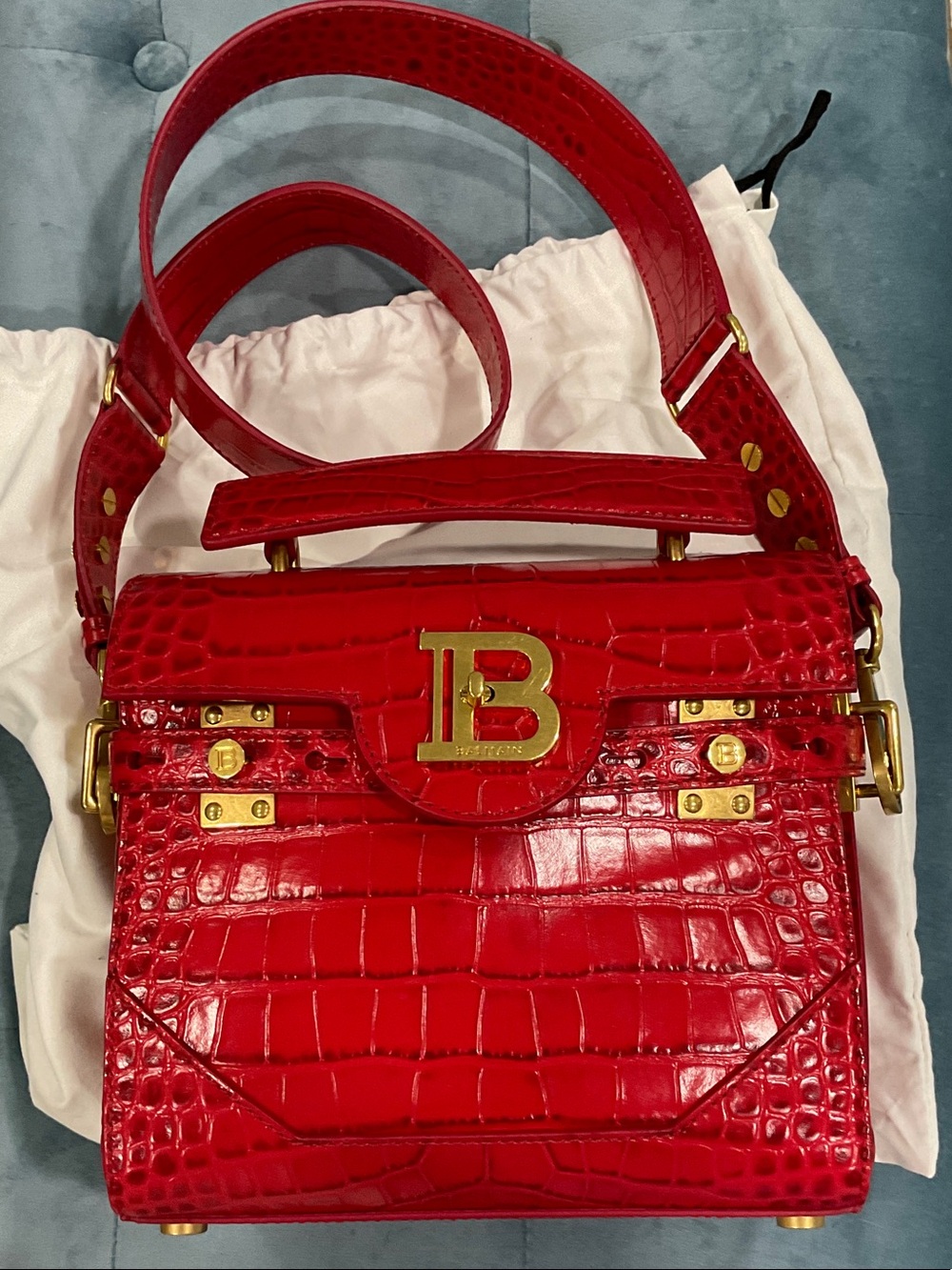 Balmain Red Croc-Embossed Satchel with Gold Hardware